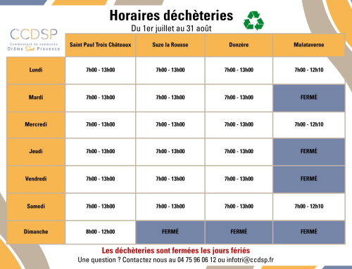 Déchetteries de la CCDSP – Horaires d&rsquo;été